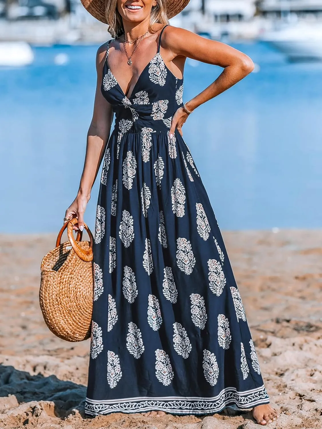 CUPSHE Women's Maxi Dress Floral Print Twisted V Neck Sleeveless Long Dress Summer Casual Dress