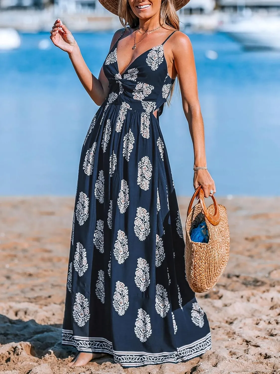 CUPSHE Women's Maxi Dress Floral Print Twisted V Neck Sleeveless Long Dress Summer Casual Dress