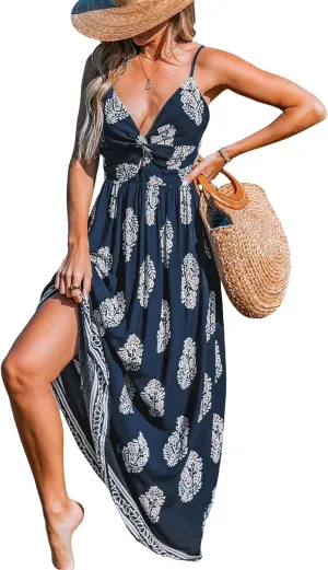 CUPSHE Women's Maxi Dress Floral Print Twisted V Neck Sleeveless Long Dress Summer Casual Dress