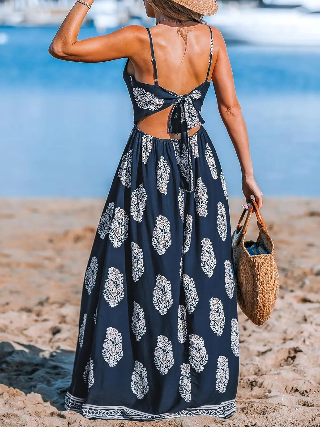 CUPSHE Women's Maxi Dress Floral Print Twisted V Neck Sleeveless Long Dress Summer Casual Dress