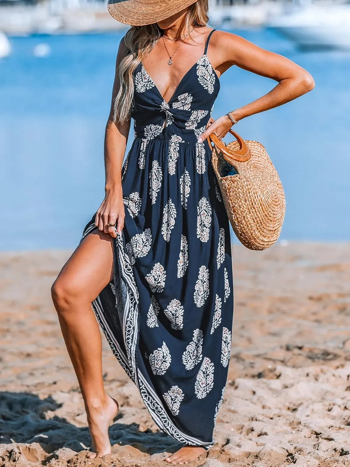CUPSHE Women's Maxi Dress Floral Print Twisted V Neck Sleeveless Long Dress Summer Casual Dress