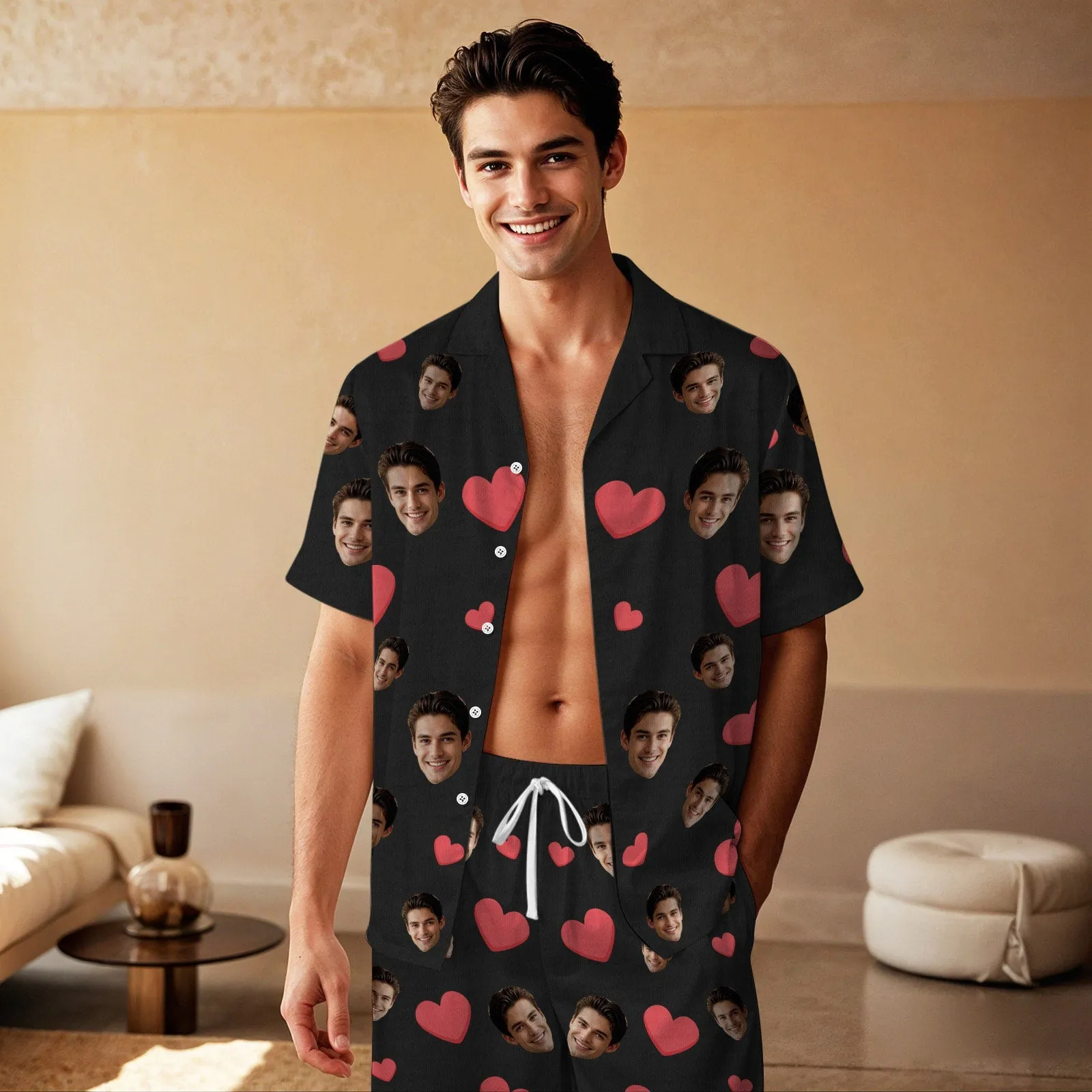Custom Face Short Sleeve Pajamas Custom Red Heart Photo Pajamas