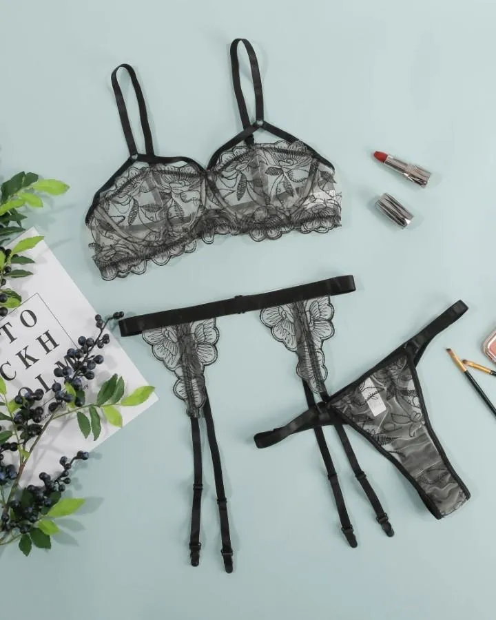 Cut-Out See Through Lace Garter Lingerie Set