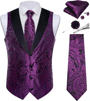 DiBanGu Mens Paisley Suit Vest Silk Jacquard Waistcoat and Necktie Set Formal Shawl Collar Dress Vest 7PCS for Wedding Party