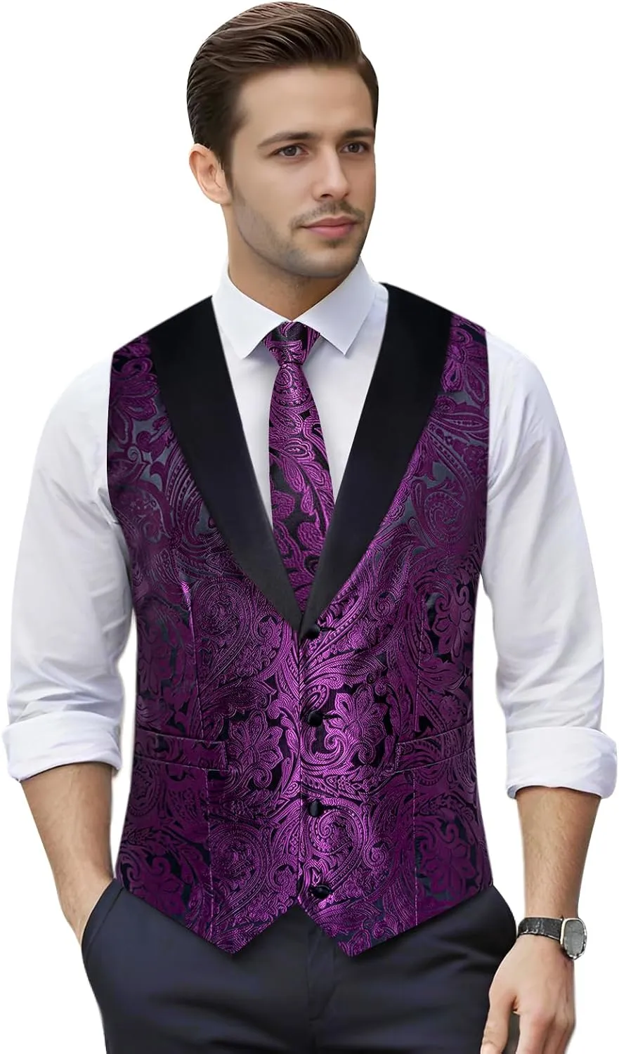DiBanGu Mens Paisley Suit Vest Silk Jacquard Waistcoat and Necktie Set Formal Shawl Collar Dress Vest 7PCS for Wedding Party