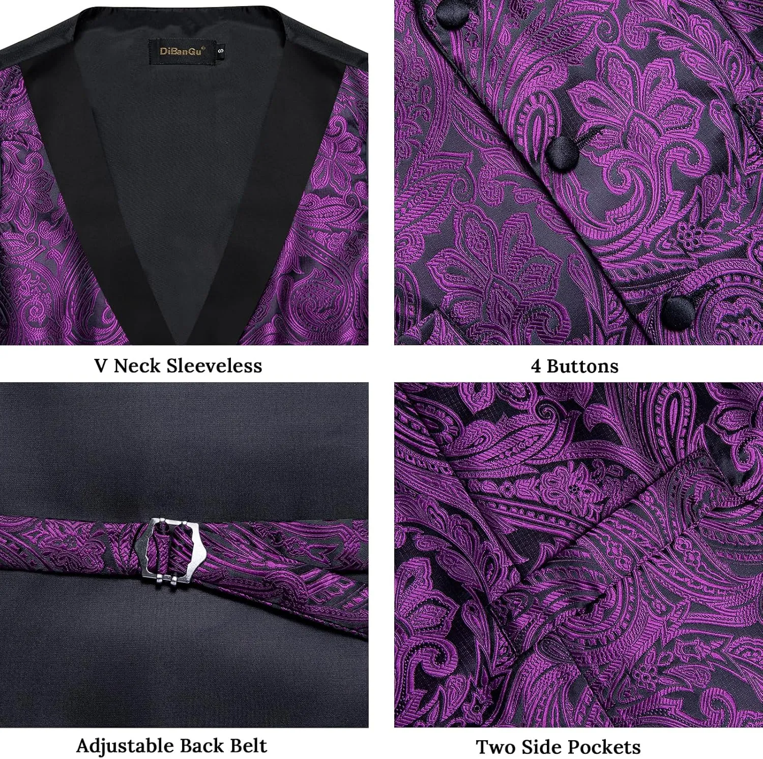 DiBanGu Mens Paisley Suit Vest Silk Jacquard Waistcoat and Necktie Set Formal Shawl Collar Dress Vest 7PCS for Wedding Party