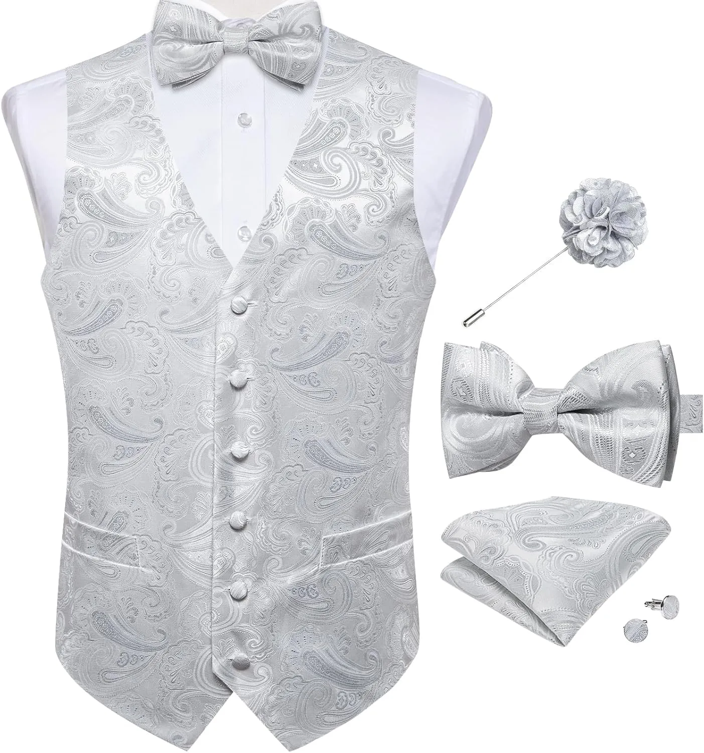 DiBanGu Mens Paisley Suit Waistcoat,Silk Dress Vest and Bowtie Pocket Square Cufflinks with Lapel Pin Set for Wedding Tuxedo