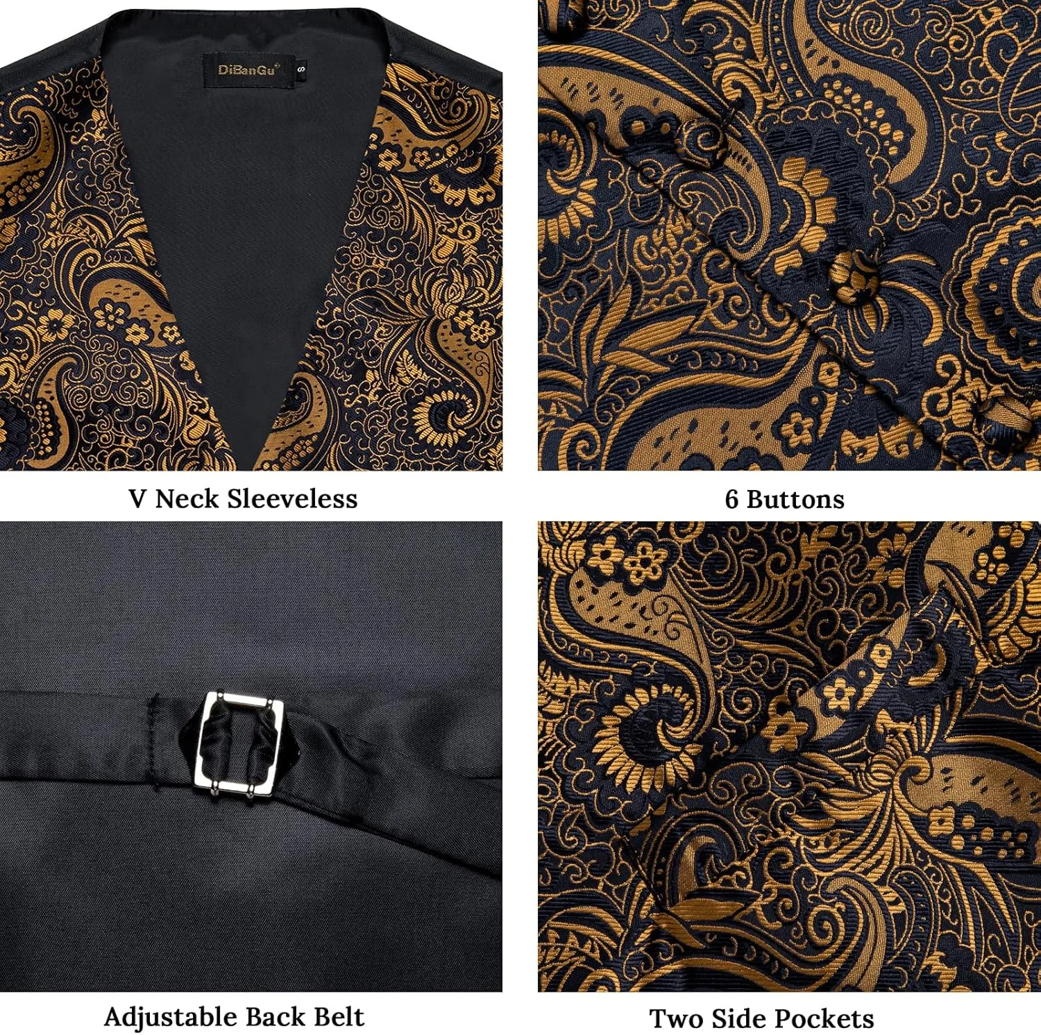 DiBanGu Mens Paisley Suit Waistcoat,Silk Dress Vest and Bowtie Pocket Square Cufflinks with Lapel Pin Set for Wedding Tuxedo