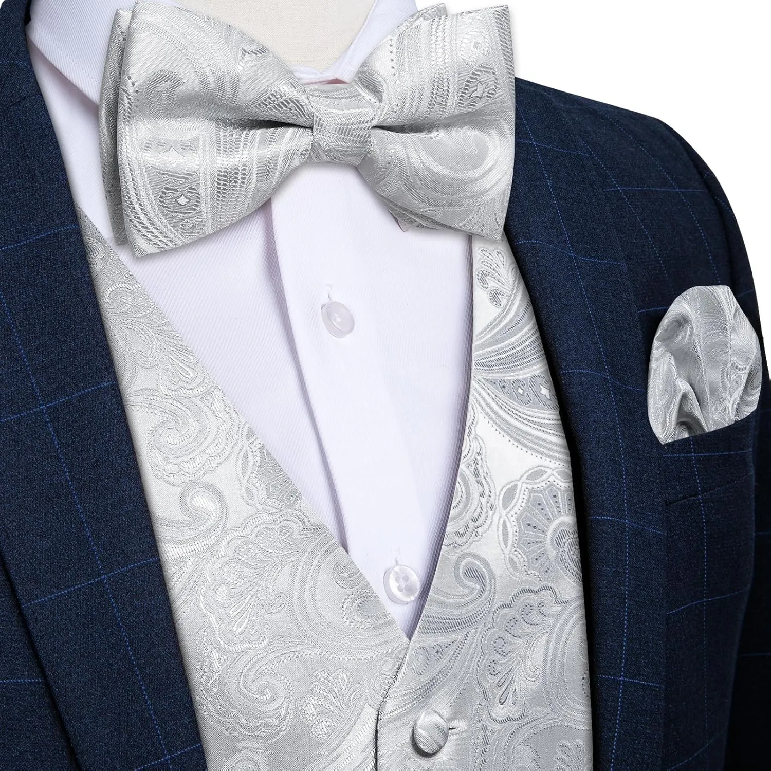 DiBanGu Mens Paisley Suit Waistcoat,Silk Dress Vest and Bowtie Pocket Square Cufflinks with Lapel Pin Set for Wedding Tuxedo