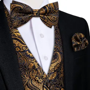 DiBanGu Mens Paisley Suit Waistcoat,Silk Dress Vest and Bowtie Pocket Square Cufflinks with Lapel Pin Set for Wedding Tuxedo