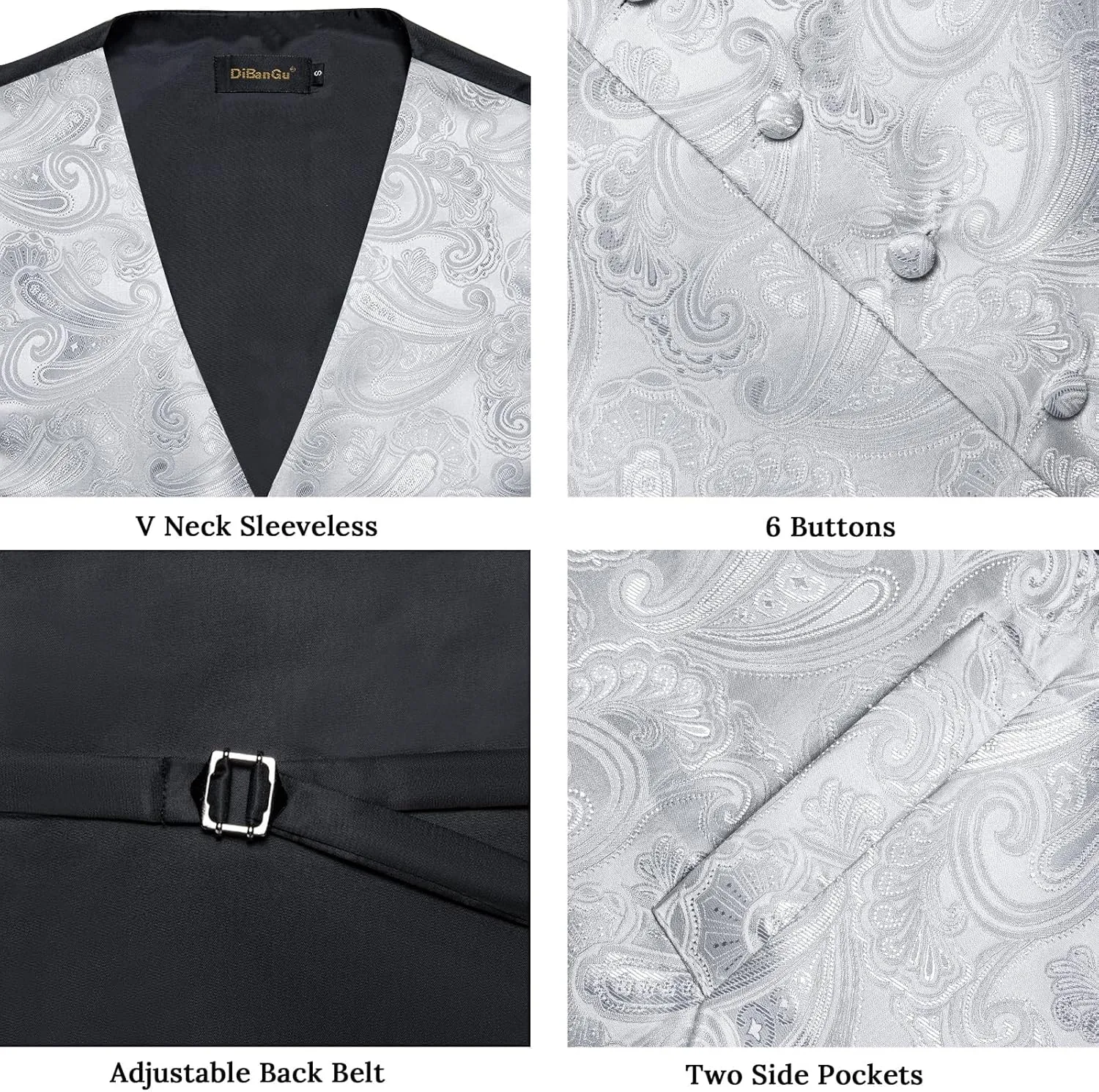 DiBanGu Mens Paisley Suit Waistcoat,Silk Dress Vest and Bowtie Pocket Square Cufflinks with Lapel Pin Set for Wedding Tuxedo