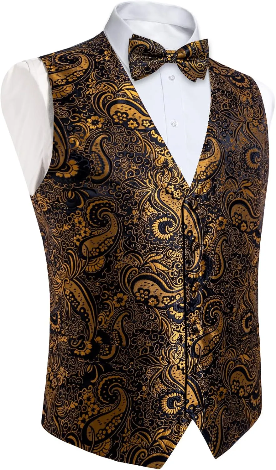 DiBanGu Mens Paisley Suit Waistcoat,Silk Dress Vest and Bowtie Pocket Square Cufflinks with Lapel Pin Set for Wedding Tuxedo