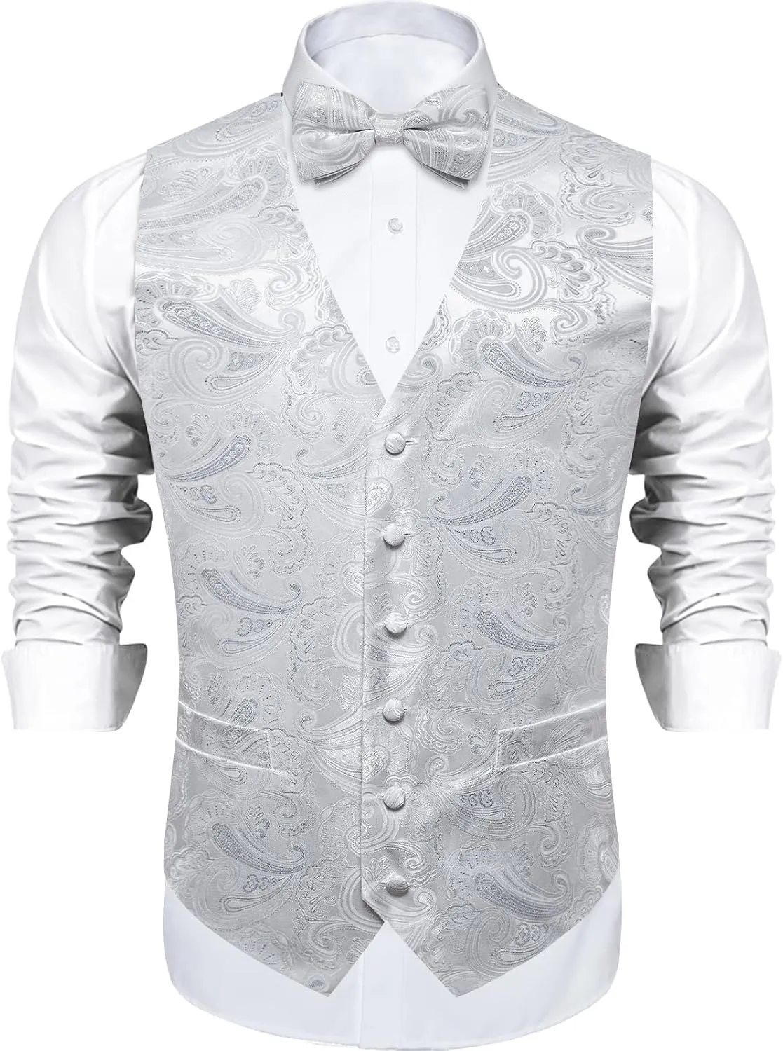 DiBanGu Mens Paisley Suit Waistcoat,Silk Dress Vest and Bowtie Pocket Square Cufflinks with Lapel Pin Set for Wedding Tuxedo
