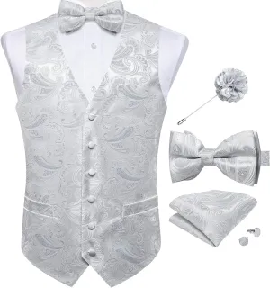 DiBanGu Mens Paisley Suit Waistcoat,Silk Dress Vest and Bowtie Pocket Square Cufflinks with Lapel Pin Set for Wedding Tuxedo
