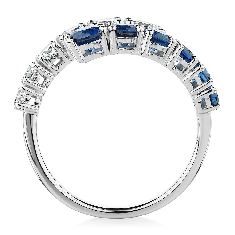Dress ring with sapphire simulants and 0.91 carats* of diamond simulants in 10 carat white gold