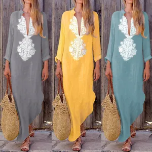 DUNNMALL  Women's New  Cross Border Foreign Trade Autumn Retro Ethnic Style Printed Loose Long Sleeves Cotton and Linen Dress