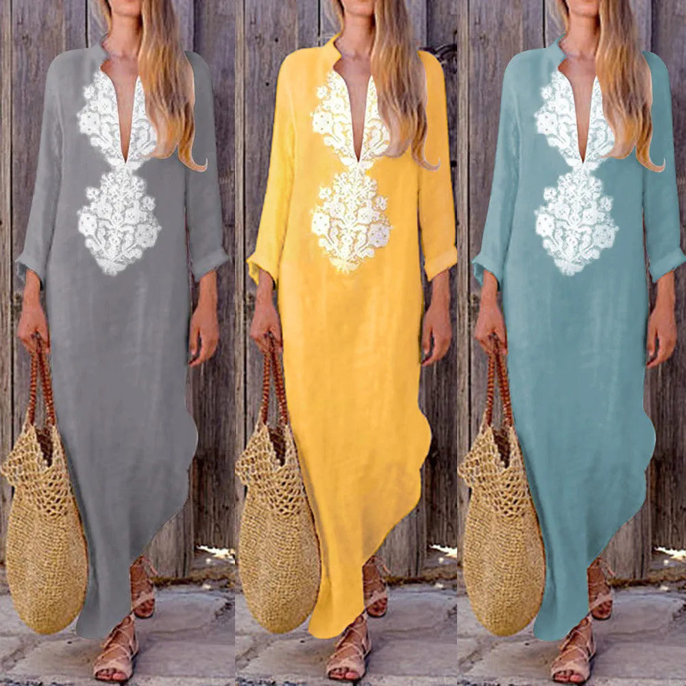 DUNNMALL  Women's New  Cross Border Foreign Trade Autumn Retro Ethnic Style Printed Loose Long Sleeves Cotton and Linen Dress