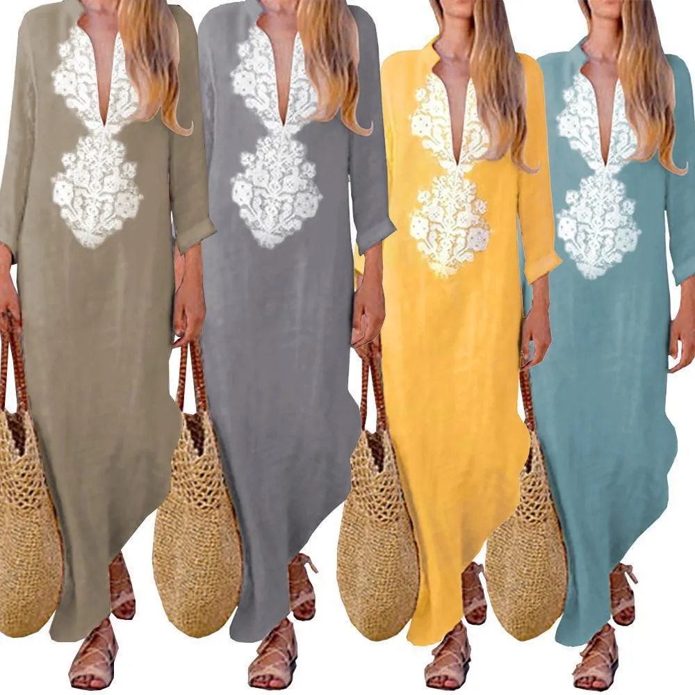 DUNNMALL  Women's New  Cross Border Foreign Trade Autumn Retro Ethnic Style Printed Loose Long Sleeves Cotton and Linen Dress