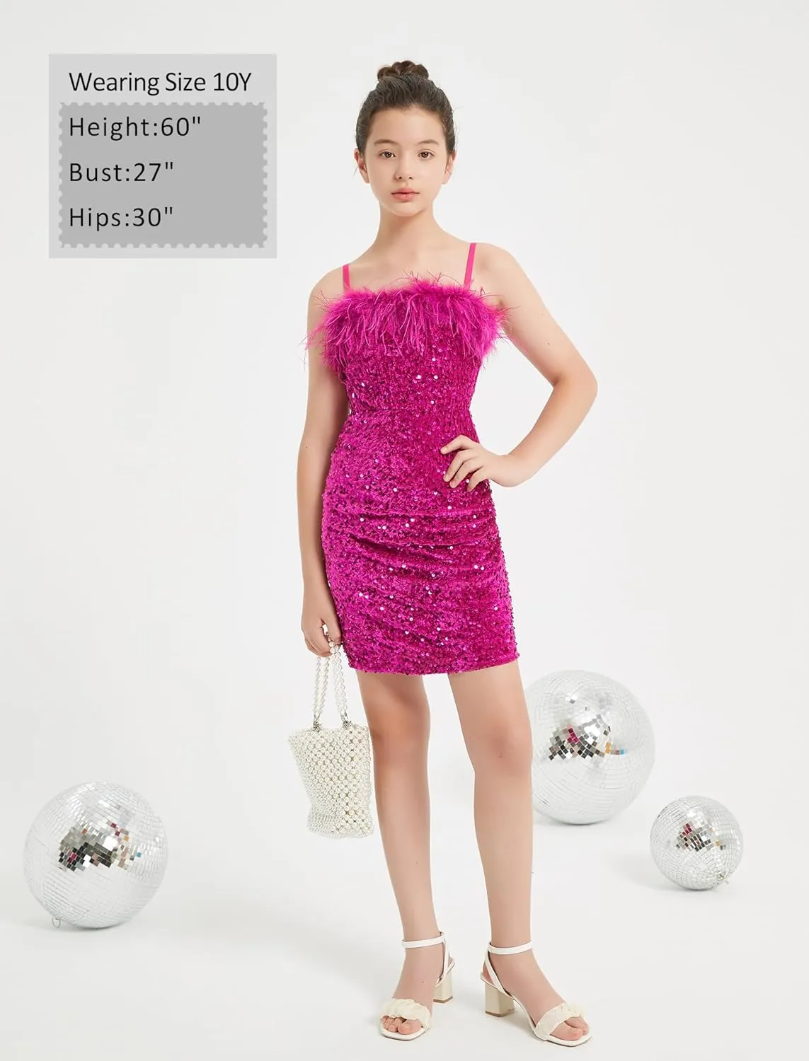EXARUS Girls Sequin Spaghetti Strap Bodycon Dress Ruched Sparkle Party Teen mini Special Occasion Velvet Splice Furry