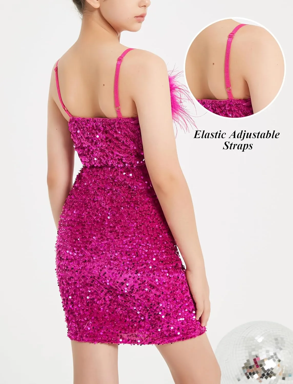 EXARUS Girls Sequin Spaghetti Strap Bodycon Dress Ruched Sparkle Party Teen mini Special Occasion Velvet Splice Furry