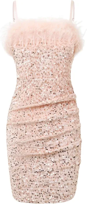 EXARUS Girls Sequin Spaghetti Strap Bodycon Dress Ruched Sparkle Party Teen mini Special Occasion Velvet Splice Furry