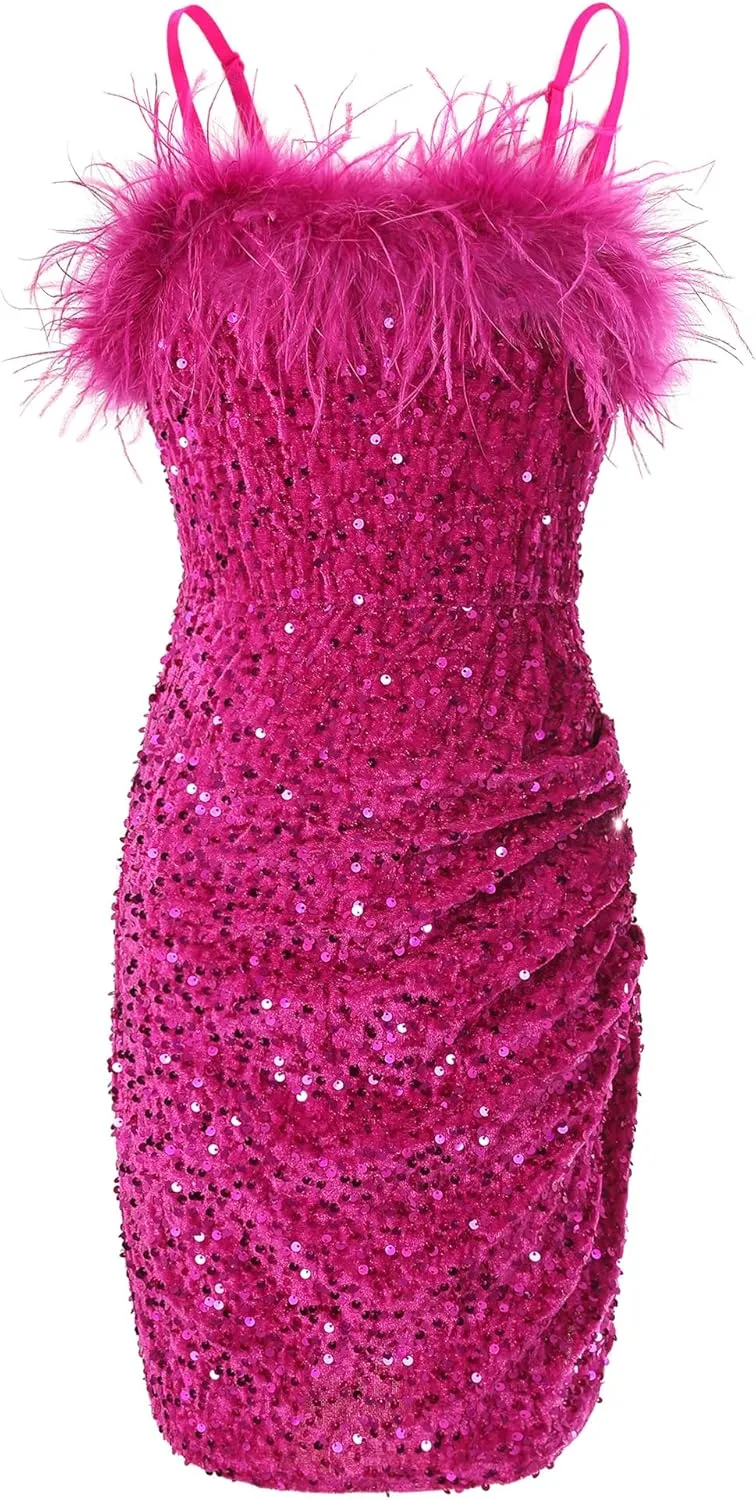 EXARUS Girls Sequin Spaghetti Strap Bodycon Dress Ruched Sparkle Party Teen mini Special Occasion Velvet Splice Furry
