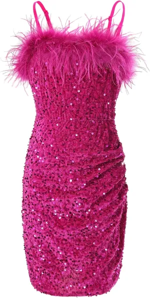 EXARUS Girls Sequin Spaghetti Strap Bodycon Dress Ruched Sparkle Party Teen mini Special Occasion Velvet Splice Furry
