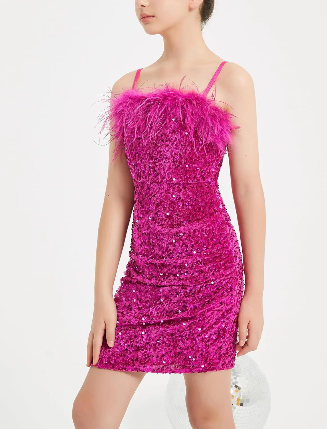 EXARUS Girls Sequin Spaghetti Strap Bodycon Dress Ruched Sparkle Party Teen mini Special Occasion Velvet Splice Furry