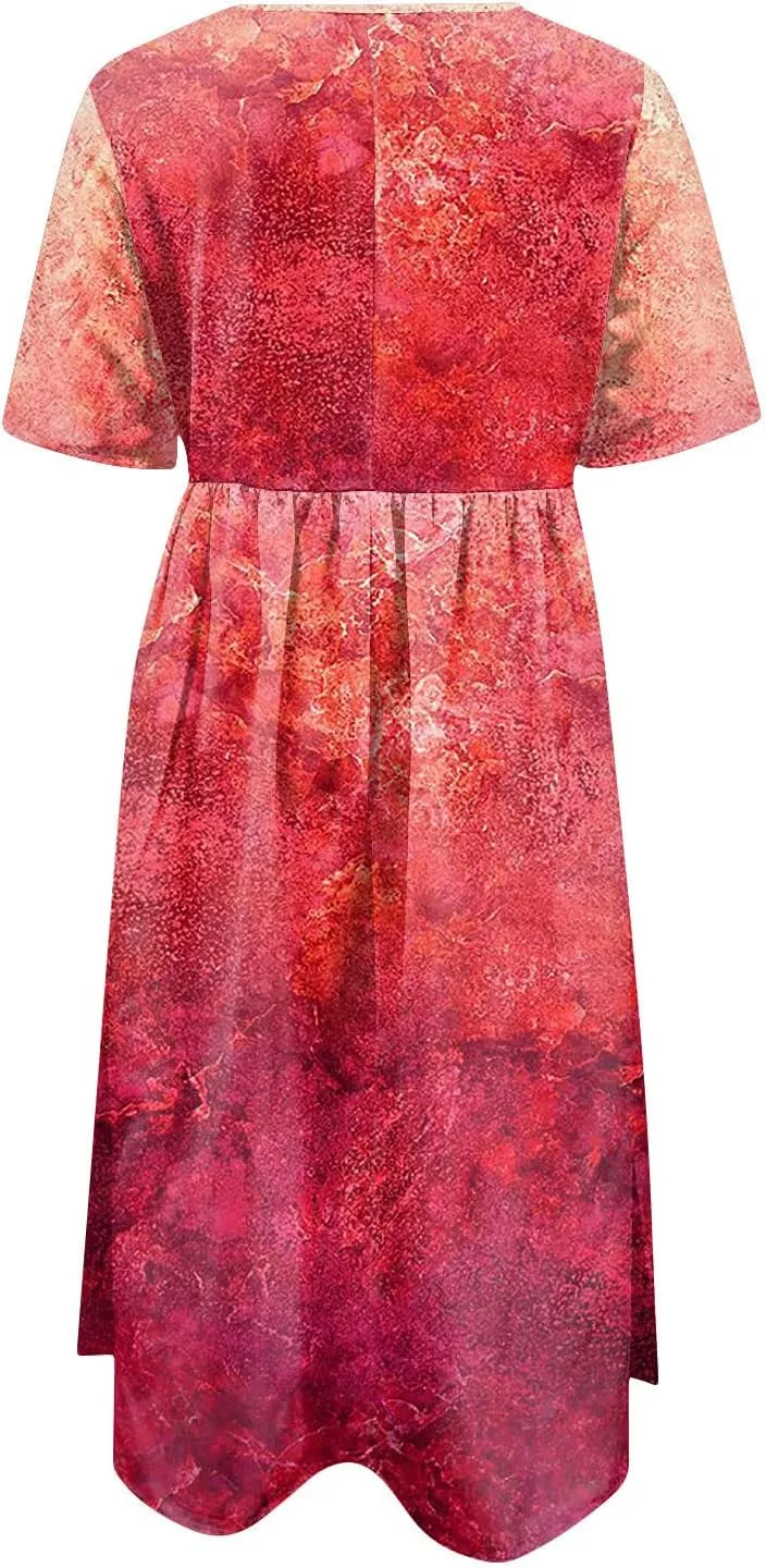 FlekmanArt Dresses for Women 2024 Round Neck Pocket Long Dresses Pleated Printed Dresses Short Sleeve Casual Beach Dress