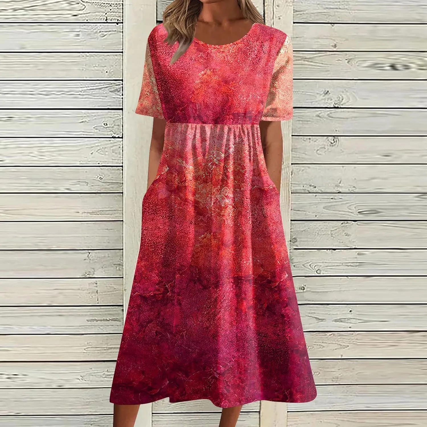 FlekmanArt Dresses for Women 2024 Round Neck Pocket Long Dresses Pleated Printed Dresses Short Sleeve Casual Beach Dress
