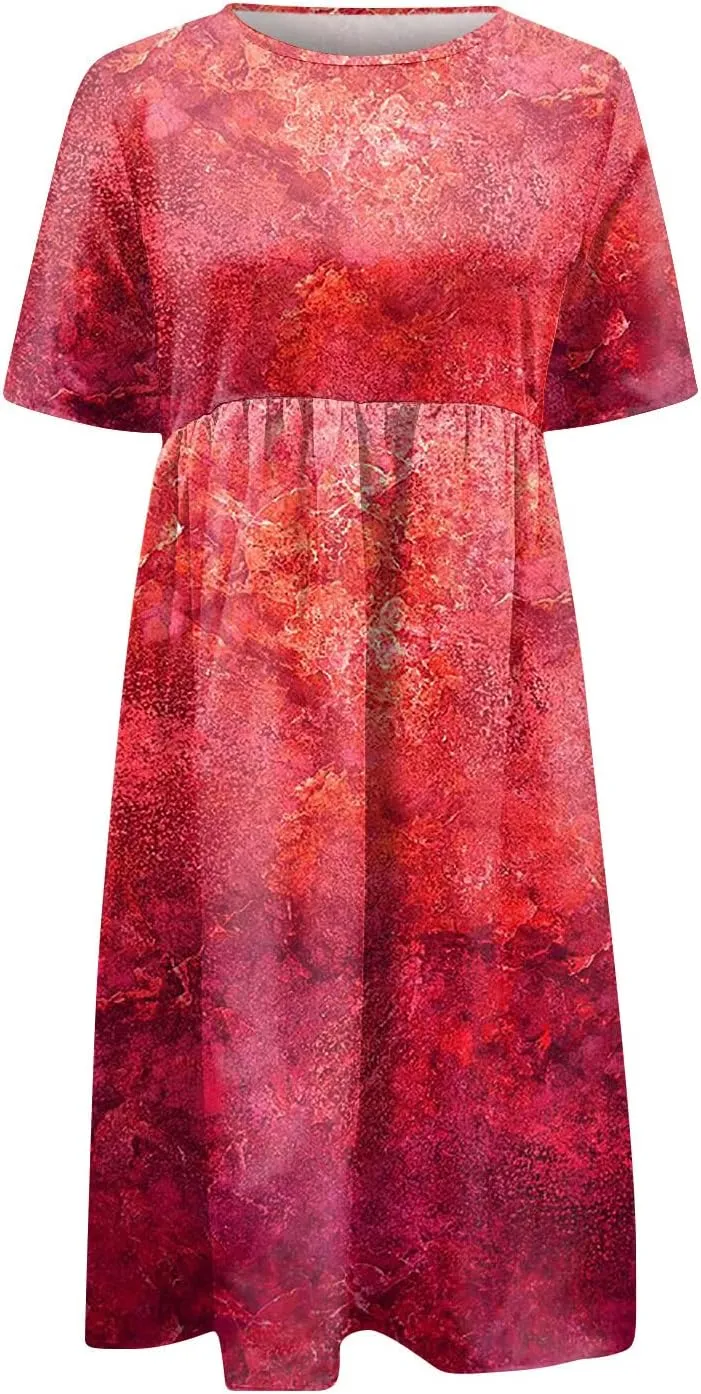 FlekmanArt Dresses for Women 2024 Round Neck Pocket Long Dresses Pleated Printed Dresses Short Sleeve Casual Beach Dress