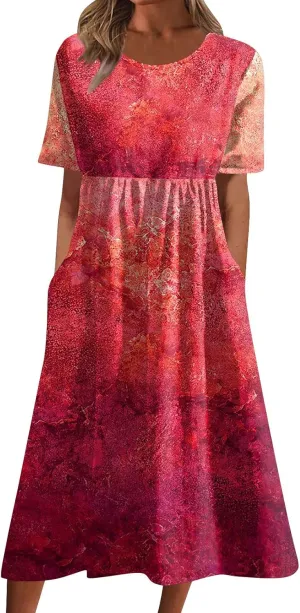 FlekmanArt Dresses for Women 2024 Round Neck Pocket Long Dresses Pleated Printed Dresses Short Sleeve Casual Beach Dress