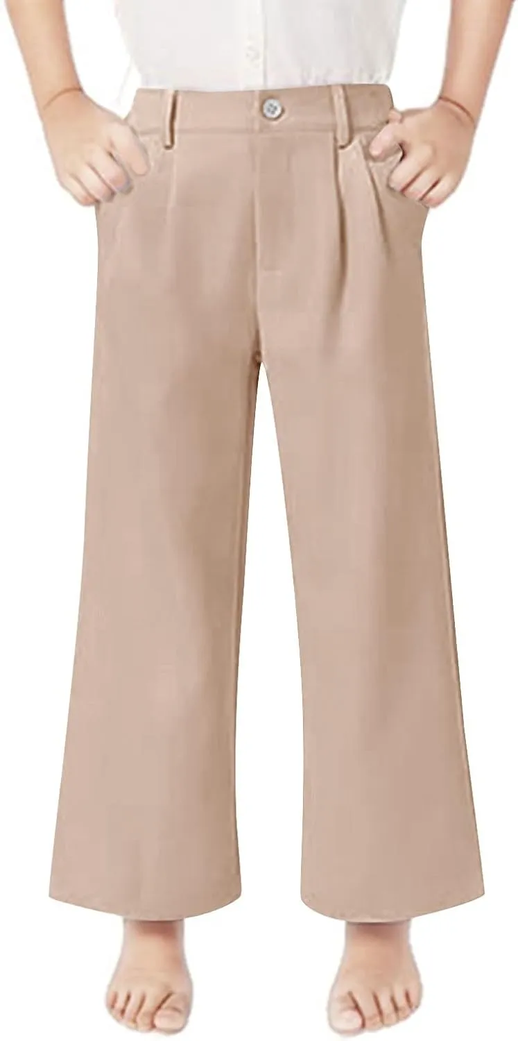 Girls High Waisted Wide Leg Dress Pants Teen Pull On Relaxed Fit Formal Uniform Pants Loose Fit Trousers with Pockets