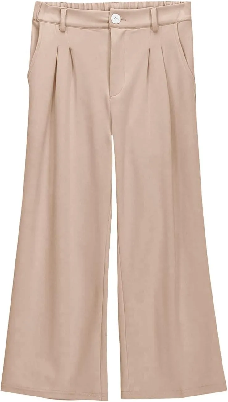 Girls High Waisted Wide Leg Dress Pants Teen Pull On Relaxed Fit Formal Uniform Pants Loose Fit Trousers with Pockets