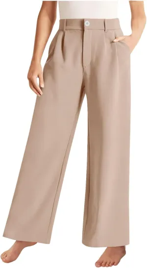 Girls High Waisted Wide Leg Dress Pants Teen Pull On Relaxed Fit Formal Uniform Pants Loose Fit Trousers with Pockets