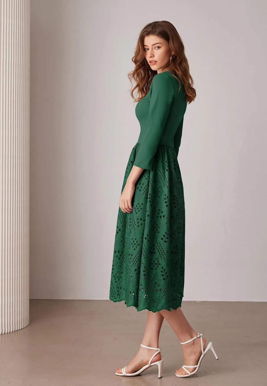 GRACE KARIN Womens Summer 3/4 Sleeve Dress with Pockets A Line Midi Eyelet Dress Empire Waist Casual Fall Flowy Dress