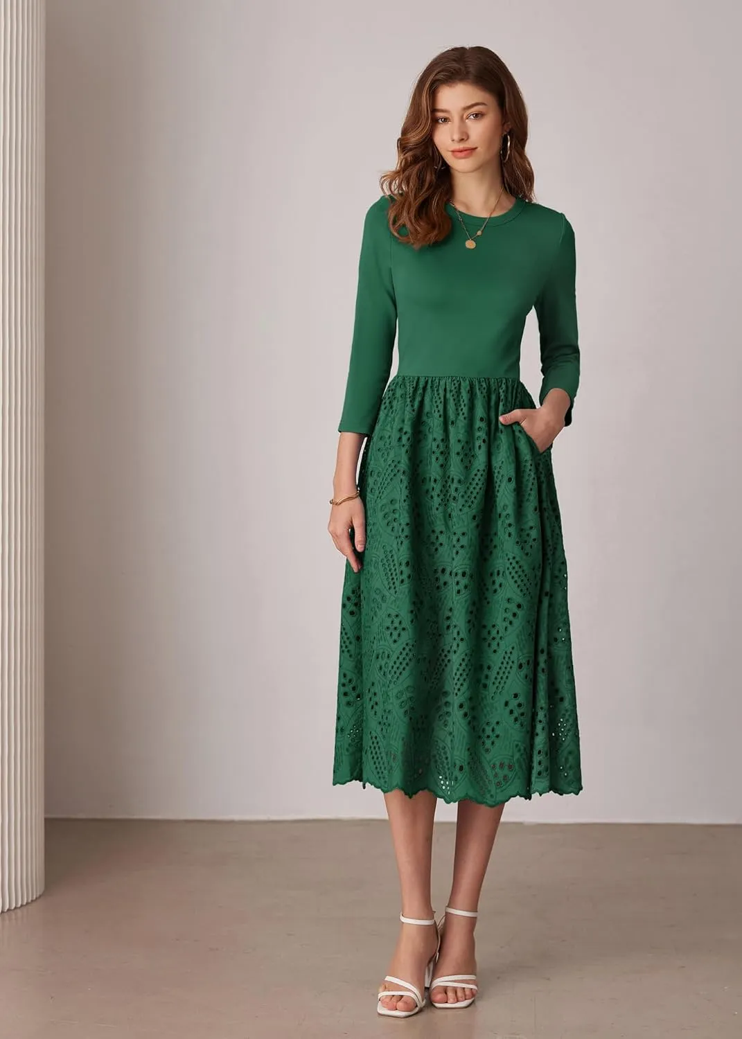 GRACE KARIN Womens Summer 3/4 Sleeve Dress with Pockets A Line Midi Eyelet Dress Empire Waist Casual Fall Flowy Dress