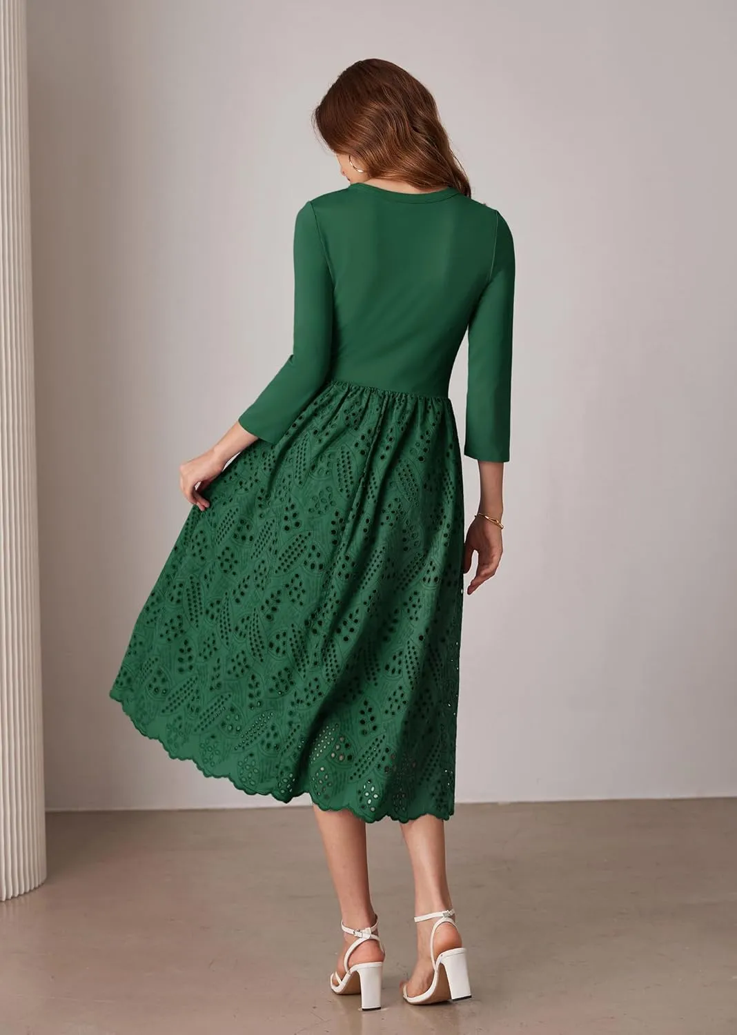 GRACE KARIN Womens Summer 3/4 Sleeve Dress with Pockets A Line Midi Eyelet Dress Empire Waist Casual Fall Flowy Dress