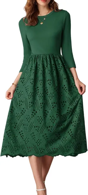 GRACE KARIN Womens Summer 3/4 Sleeve Dress with Pockets A Line Midi Eyelet Dress Empire Waist Casual Fall Flowy Dress