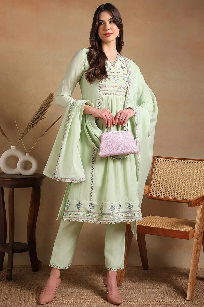 Green Rayon Embroidered A Line Suit Set