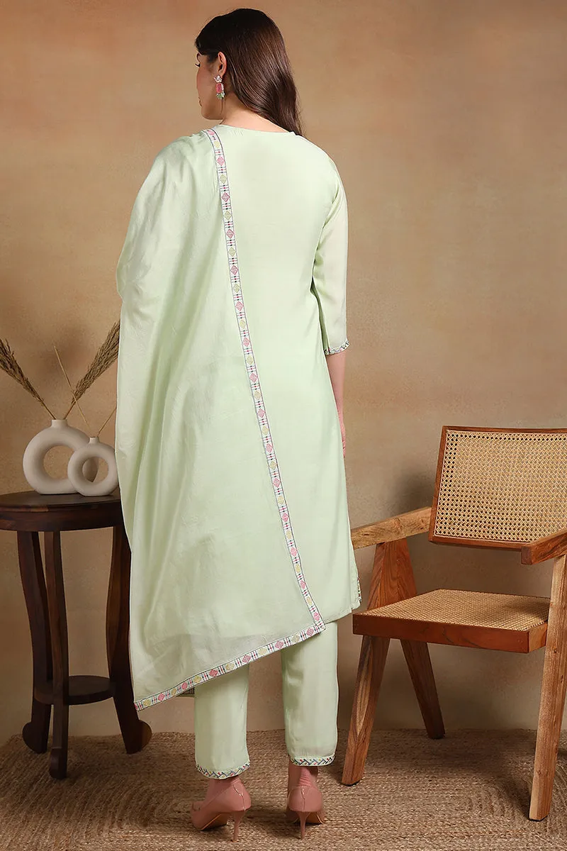 Green Rayon Embroidered A Line Suit Set