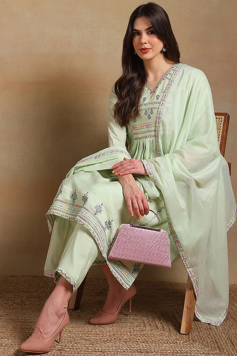 Green Rayon Embroidered A Line Suit Set