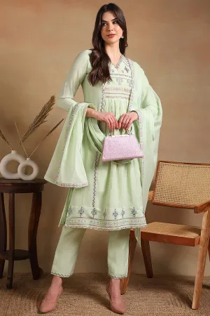 Green Rayon Embroidered A Line Suit Set