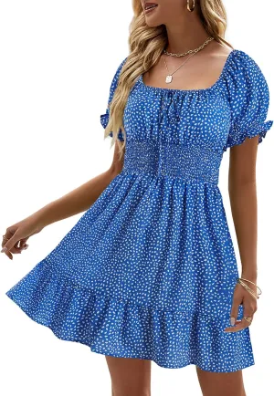 Heysolo Womens Boho Floral Smocked Square Neck Short Sleeve Ruffle Beach Summer Mini Dress