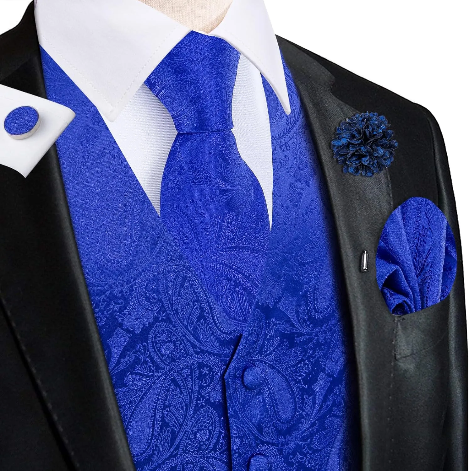 Hi-Tie Men's Suit Vest and Tie Set Formal Waistcoat V-Neck Paisley Vest and Tie Pocket Square Cufflinks Set for Wedding