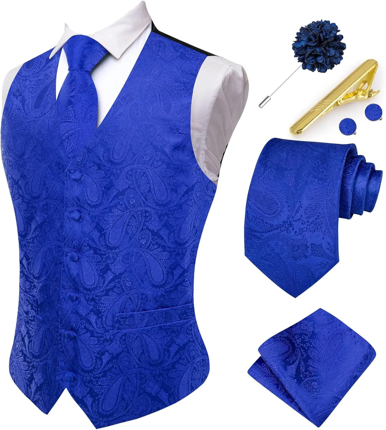 Hi-Tie Men's Suit Vest and Tie Set Formal Waistcoat V-Neck Paisley Vest and Tie Pocket Square Cufflinks Set for Wedding