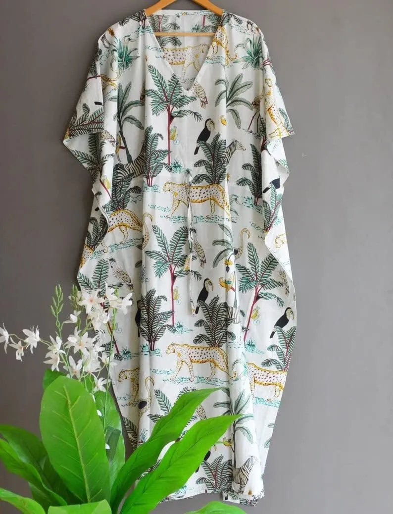 INDACORIFY 100% Cotton Kaftan Dress, Floral Printed Women Dressmaking, Handmade Indian Long Kaftan Suit, Beautiful Beach
