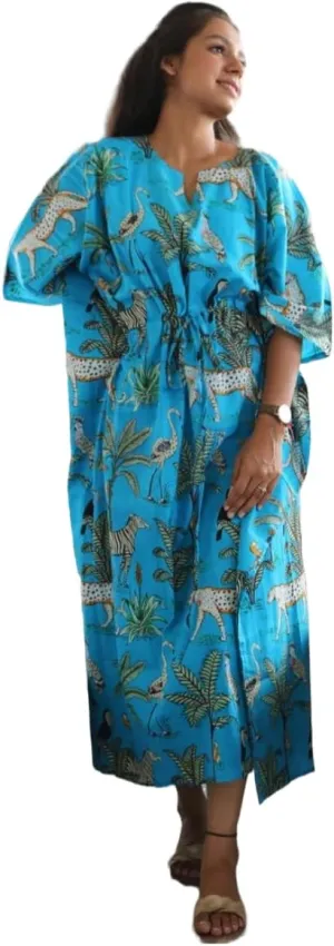 INDACORIFY 100% Cotton Kaftan Dress, Floral Printed Women Dressmaking, Handmade Indian Long Kaftan Suit, Beautiful Beach