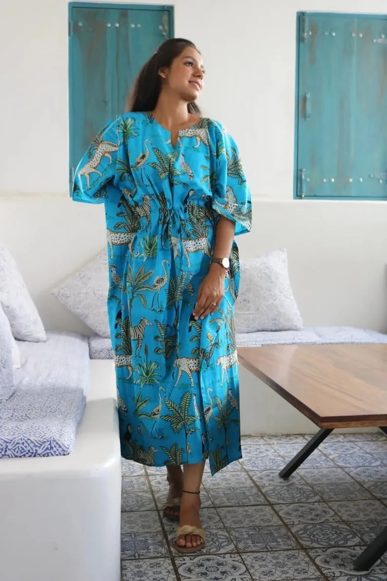 INDACORIFY 100% Cotton Kaftan Dress, Floral Printed Women Dressmaking, Handmade Indian Long Kaftan Suit, Beautiful Beach