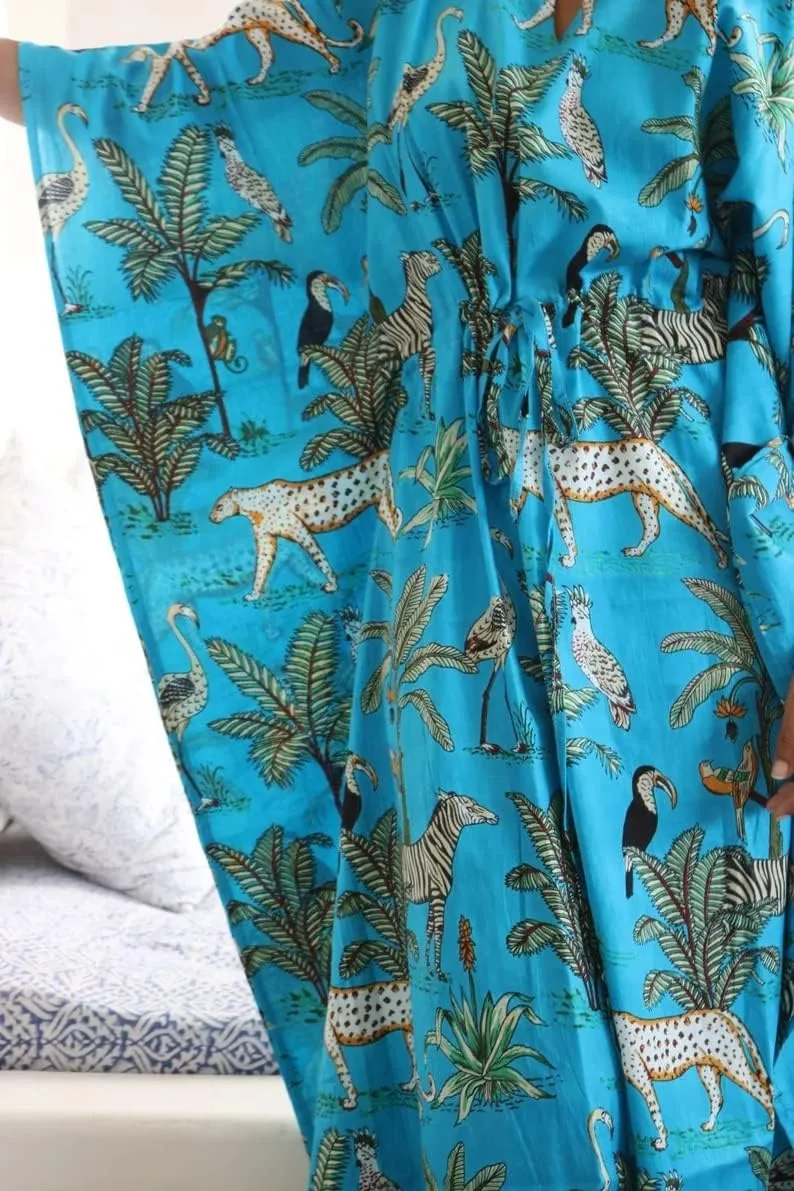 INDACORIFY 100% Cotton Kaftan Dress, Floral Printed Women Dressmaking, Handmade Indian Long Kaftan Suit, Beautiful Beach